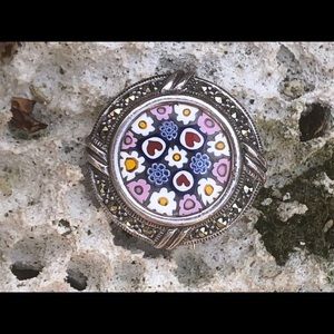 Sterling silver, marcasite and miliefiore pin